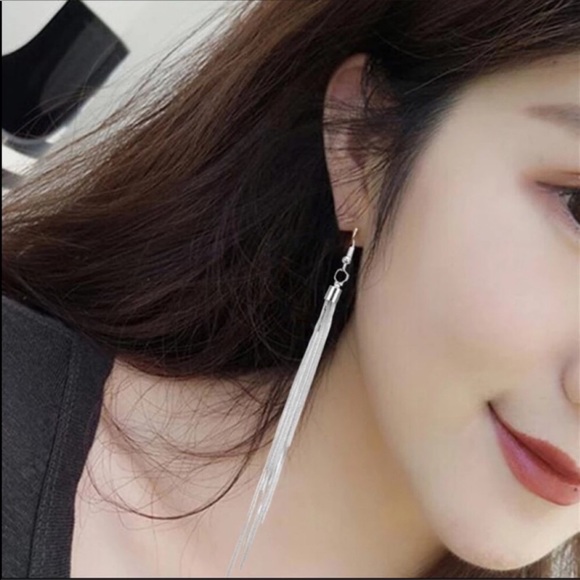 LONG DANGLE DROP SILVER EARRINGS - Picture 2 of 6